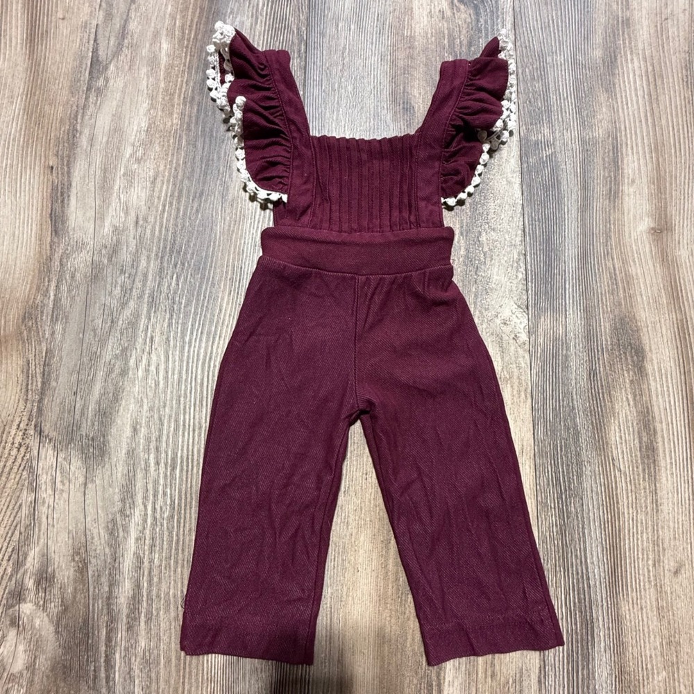 Cottagecore Bailey's Blossoms Jumpsuit Burgundy Pom Trim Boho Ruffle 0-3M